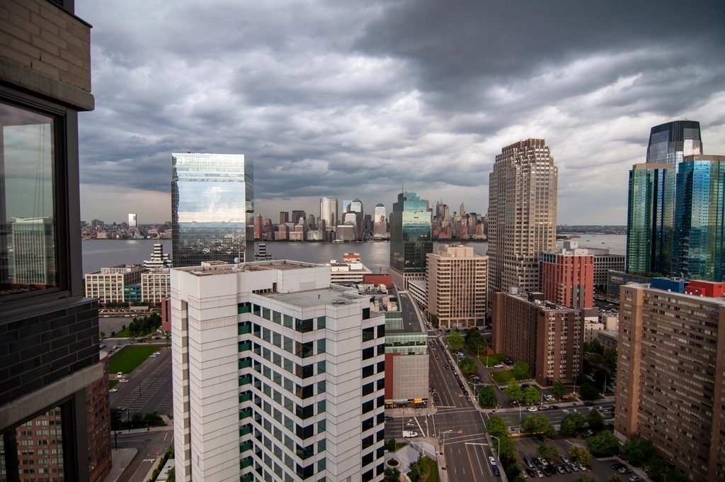 Jersey City waterfront and New York Harbor from above.